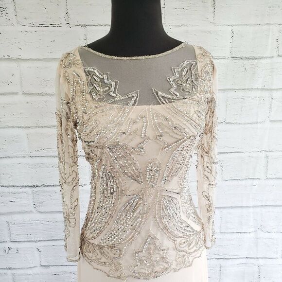 Pisarro Nights Blush Sheer 3/4 sleeve Beaded Gown Formal Womens Size 4 Rayon - Picture 8 of 10